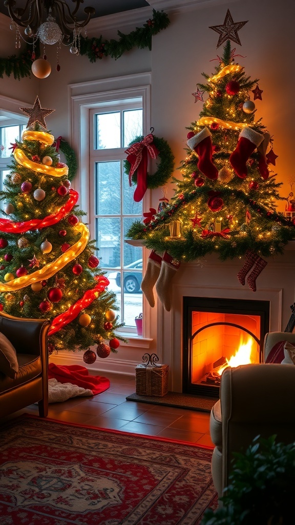 A decorated Christmas tree in a cozy living room with a fireplace and holiday decorations.